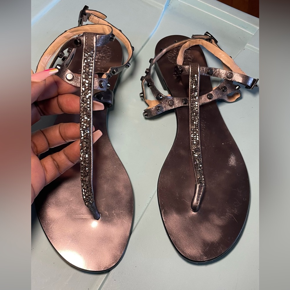 Women's Pewter Sandals with Rhinestone Detailing
